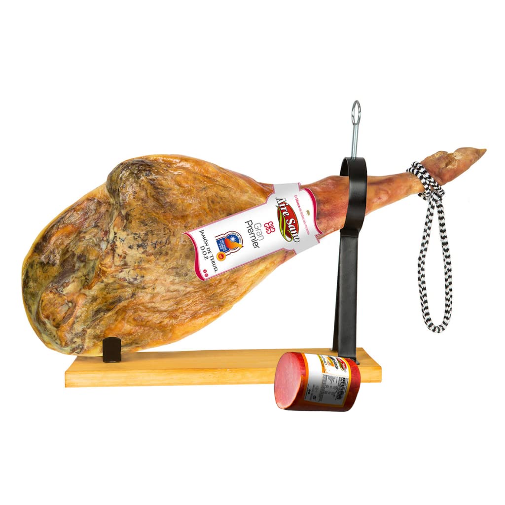Aire Sano - Jamón de Teruel DOP Gran Premier (8-8.5 Kg) + Taco de Lomo Padre 100% Duroc de 310g - Jamonero, Cuchillo y Chaira - Sin Gluten y Sin Lactosa - Envasado al vacío